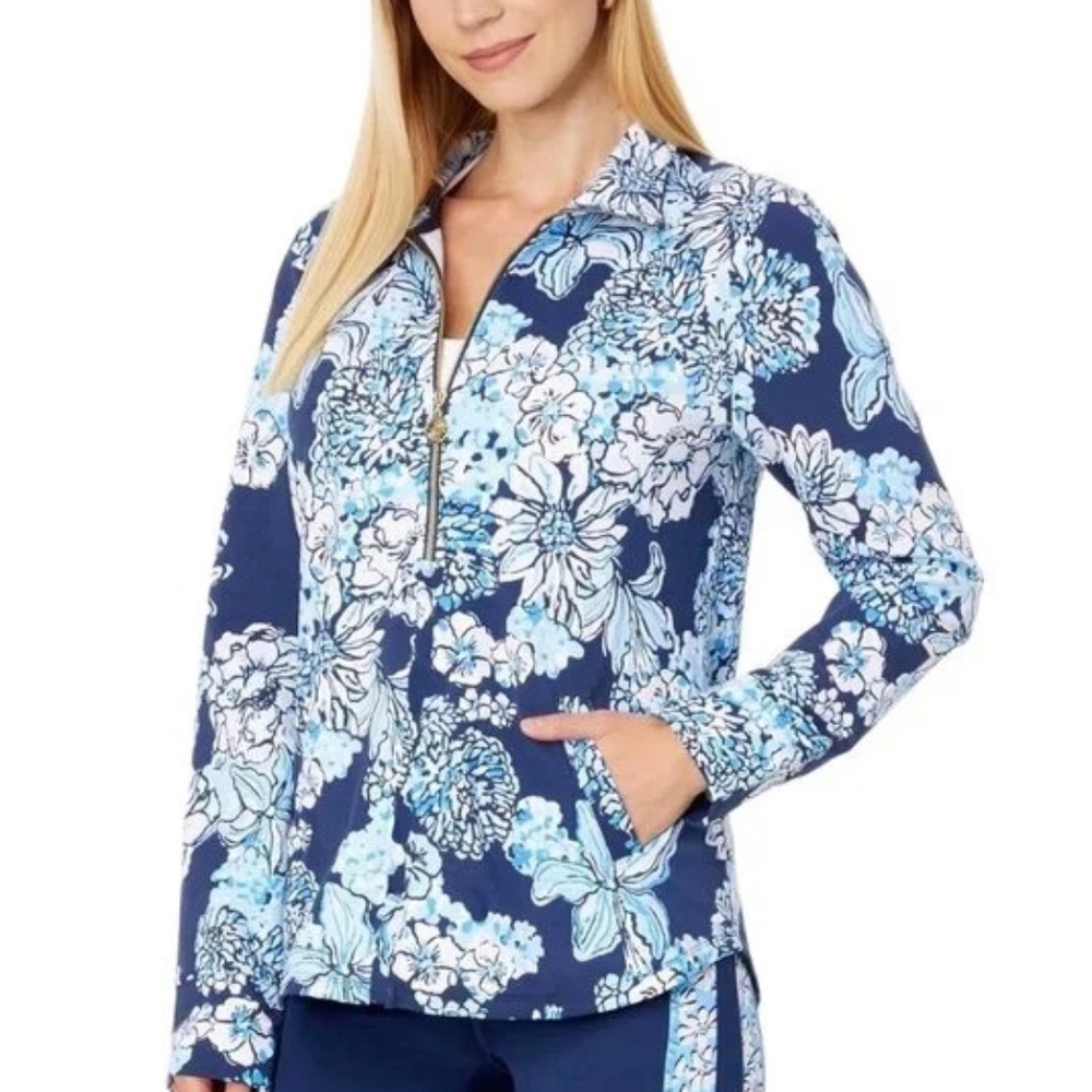 Lilly Pulitzer Skipper Popover Half Zip UPF 50+ Low Tide Navy Bouquet All Day L